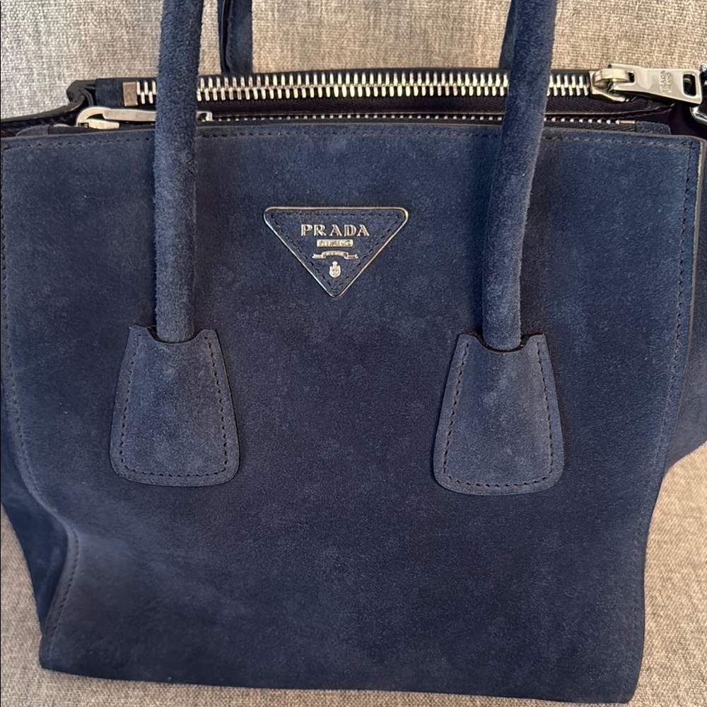 Prada Blue Twin Pocket Suede Leather Tote - Picture 2 of 7